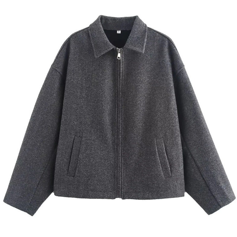 Cozy Wool Blend Cropped Jacket With Wide Collar - 9
