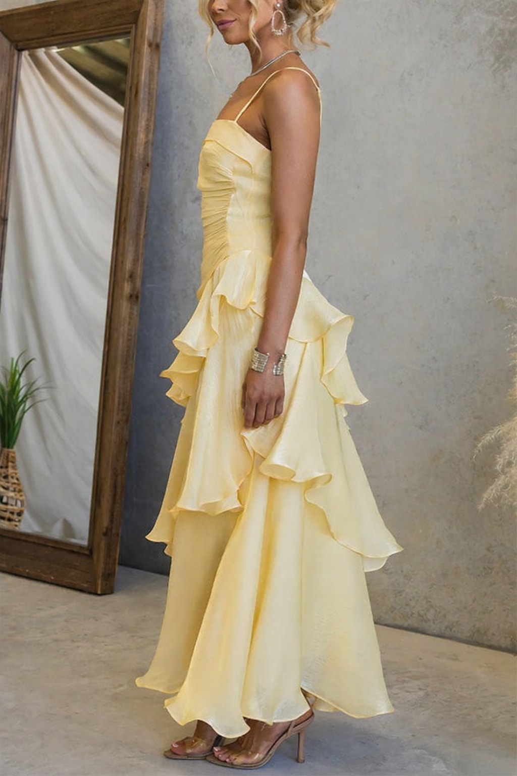 Polyester Maxi Dress With Square Neck And Ruffles - 9