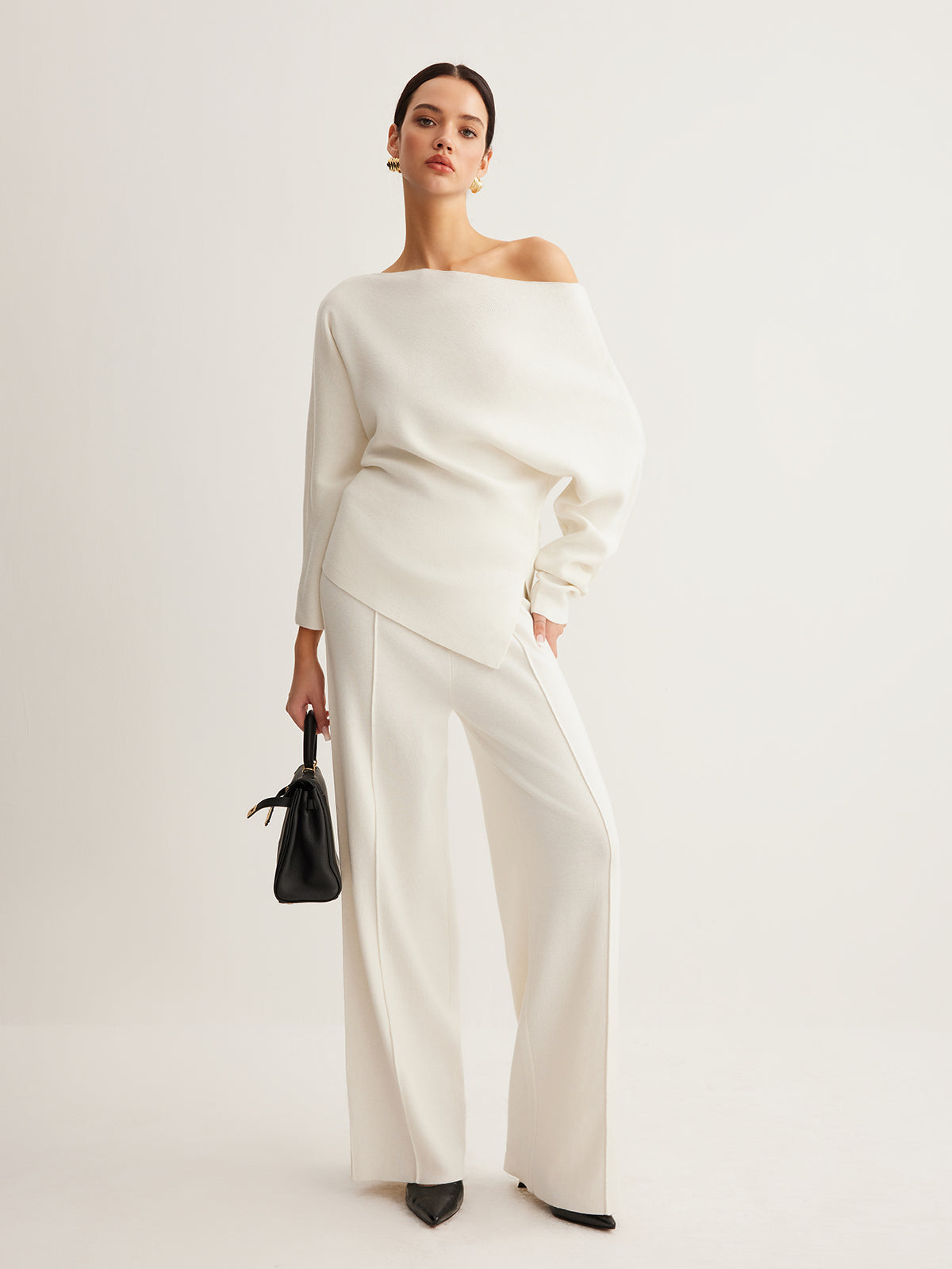 Wool-blend knit top with asymmetrical neckline - view 2
