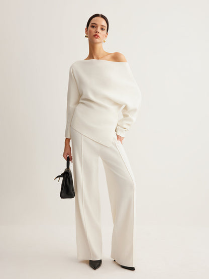 Wool-blend knit top with asymmetrical neckline - view 2