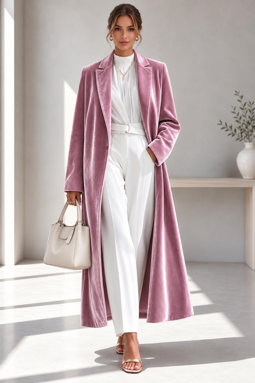 Polyester Long Overcoat With Lapel Collar - 6