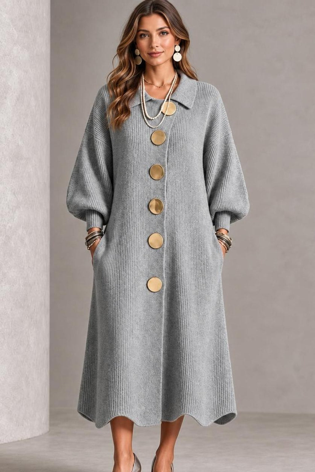 Ribbed Knit Lantern Sleeve Maxi Dress - 4