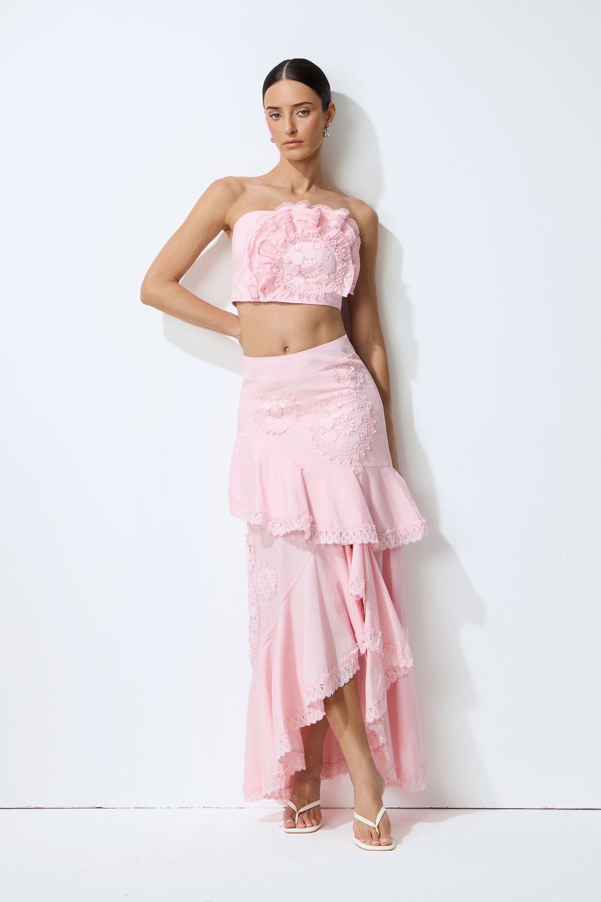 Pink Floral Lace Crop Top & Ruffled Tiered Maxi Skirt Set - 6