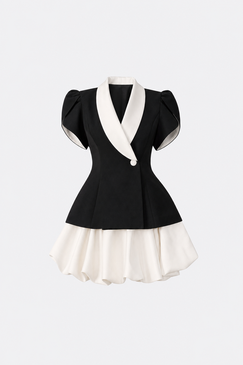 Puff Sleeve Lapel Top and Bubble Skirt Set