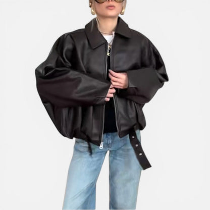 Faux Leather Bomber Jacket with Belted Waist - view 3