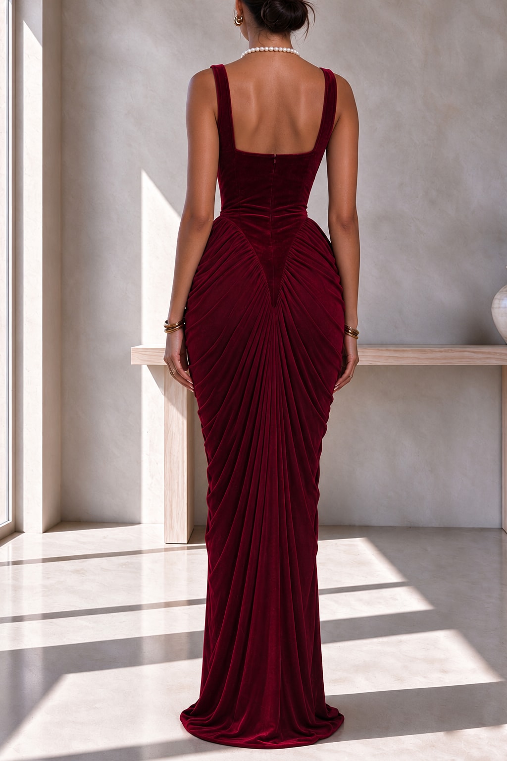 Velvet Maxi Dress Ruched Square Neck Party Wear - 3