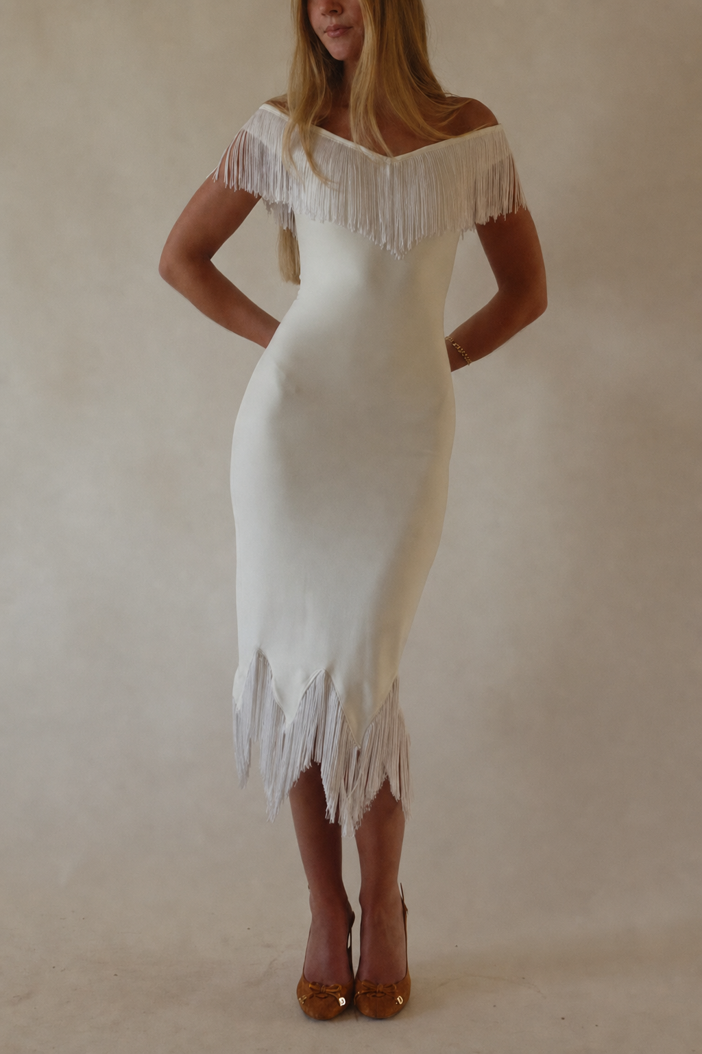 V-Neck Off-Shoulder Tassel Midi Dress - view 2
