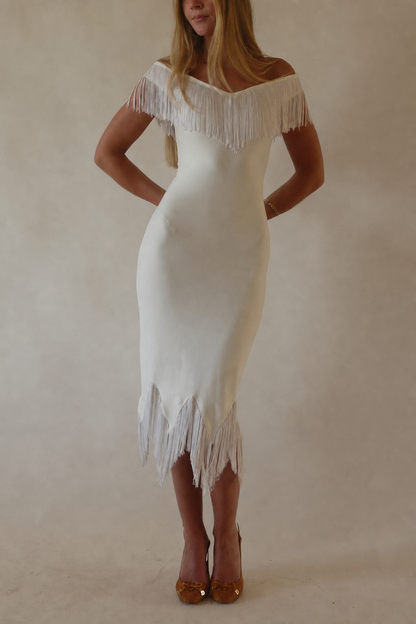 V-Neck Off-Shoulder Tassel Midi Dress - view 2