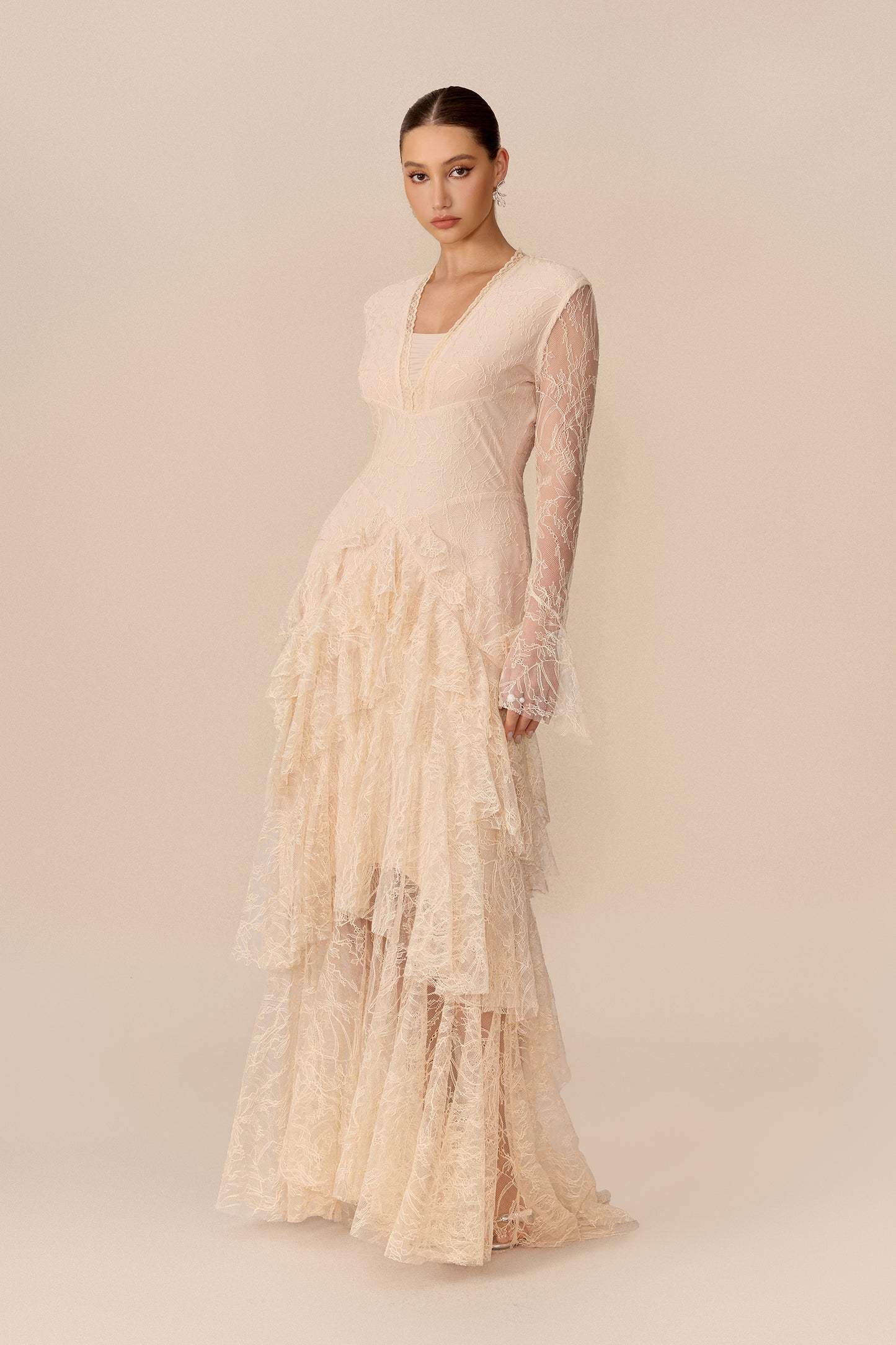 Beige sheer lace tiered ruffle maxi dress - view 5