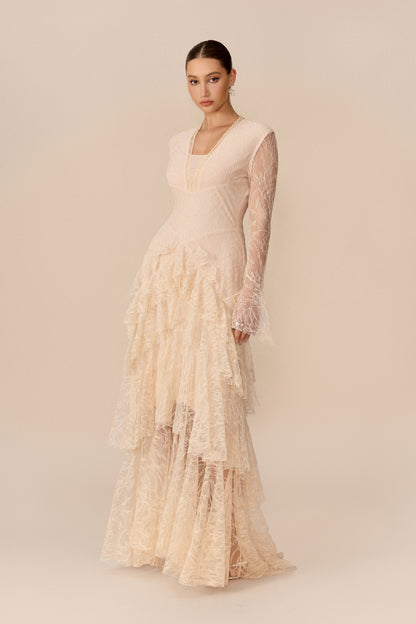Beige sheer lace tiered ruffle maxi dress - view 5