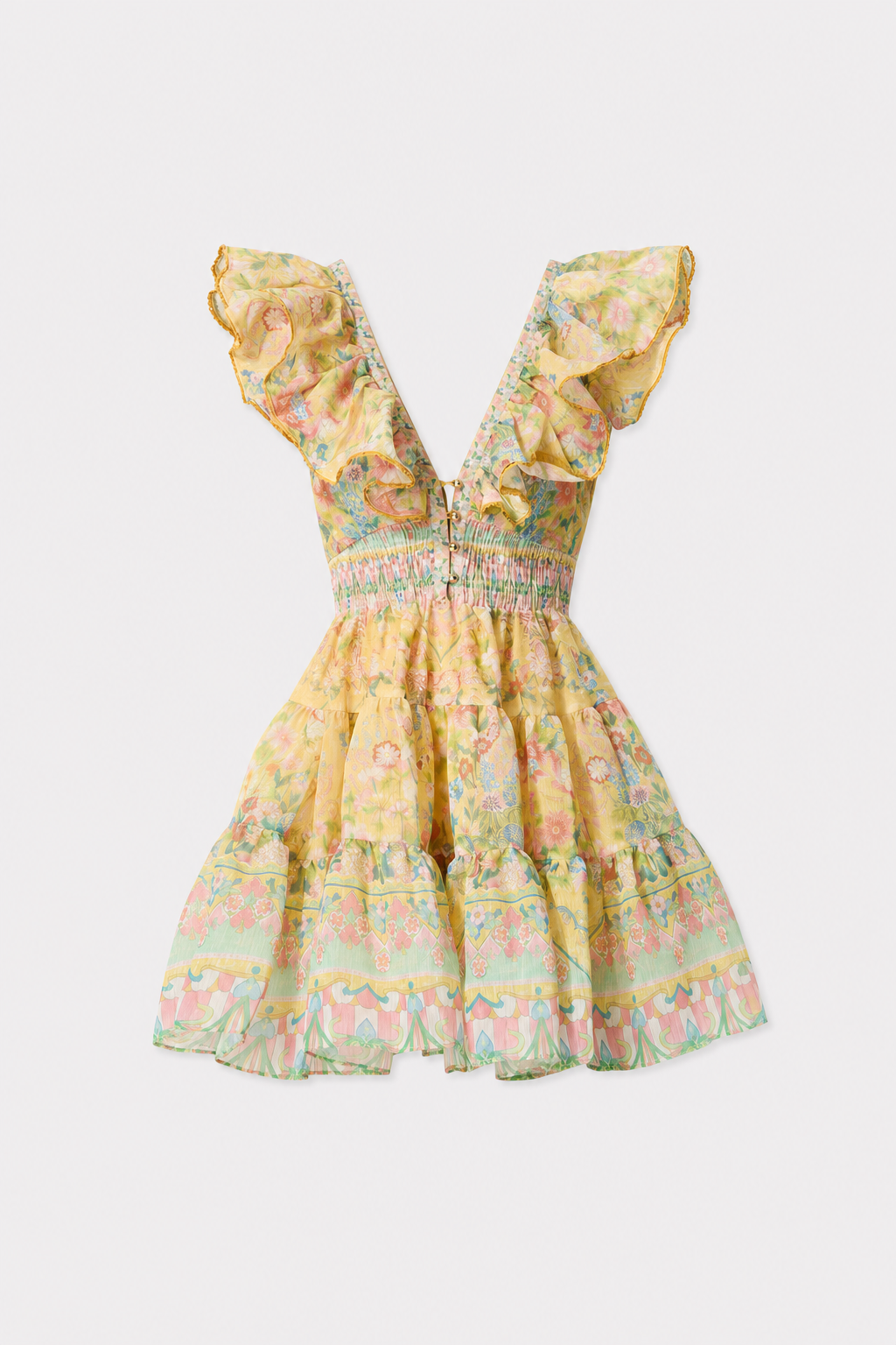 Yellow floral mini dress with ruffle trim
