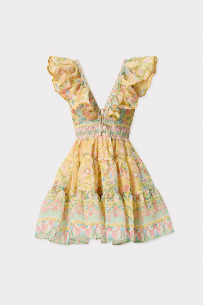 Yellow floral mini dress with ruffle trim