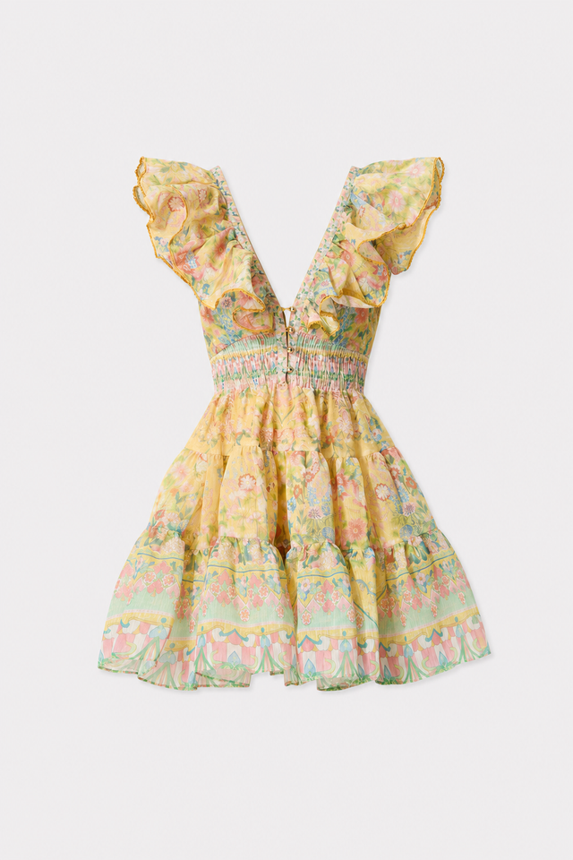 Yellow floral mini dress with ruffle trim