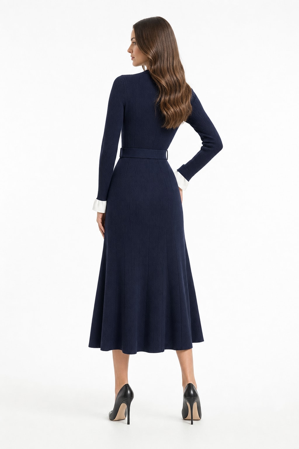Acrylic Blend Belted Long-Sleeve Midi Dress - 3