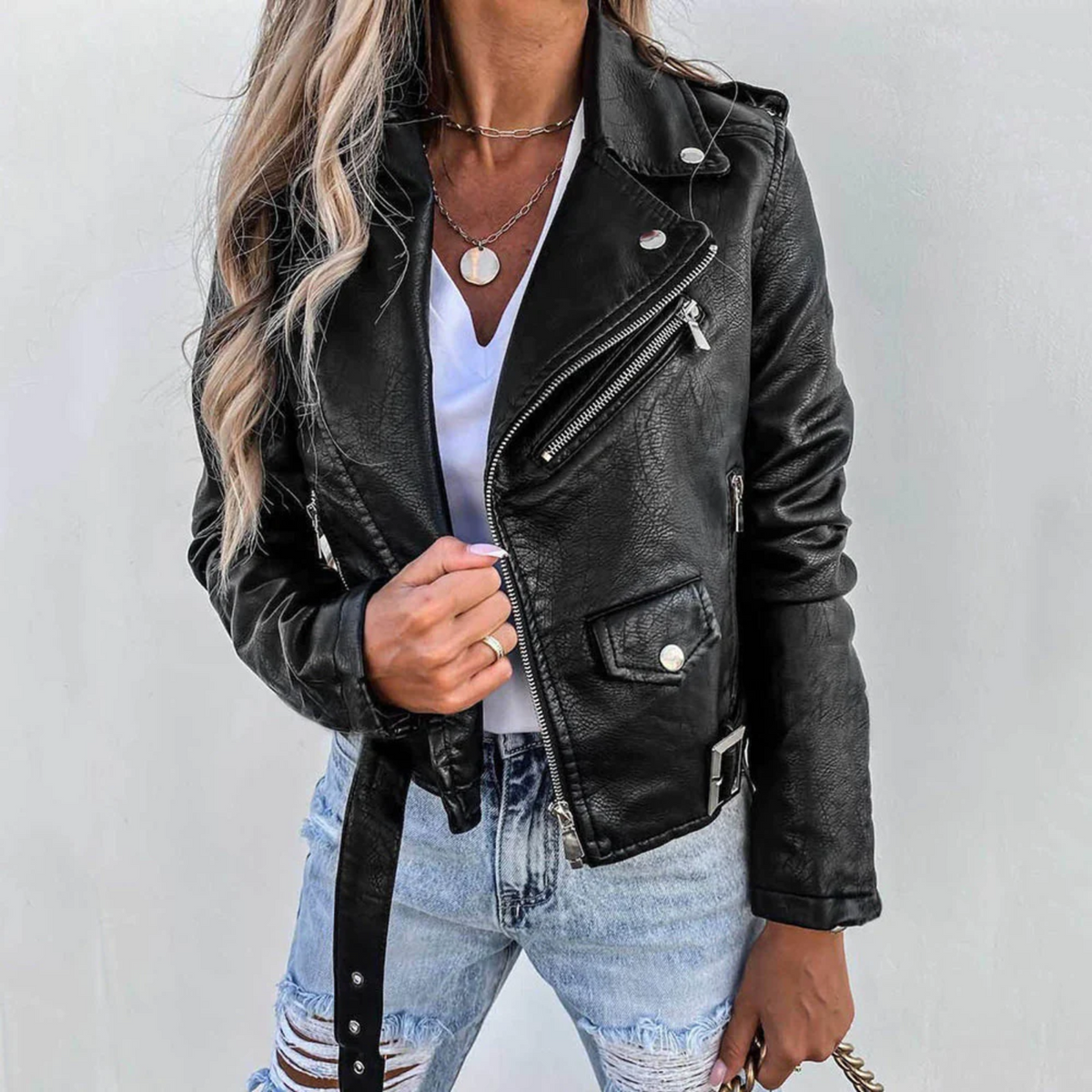 Leather jacket with stand collar and belted waist - view 4