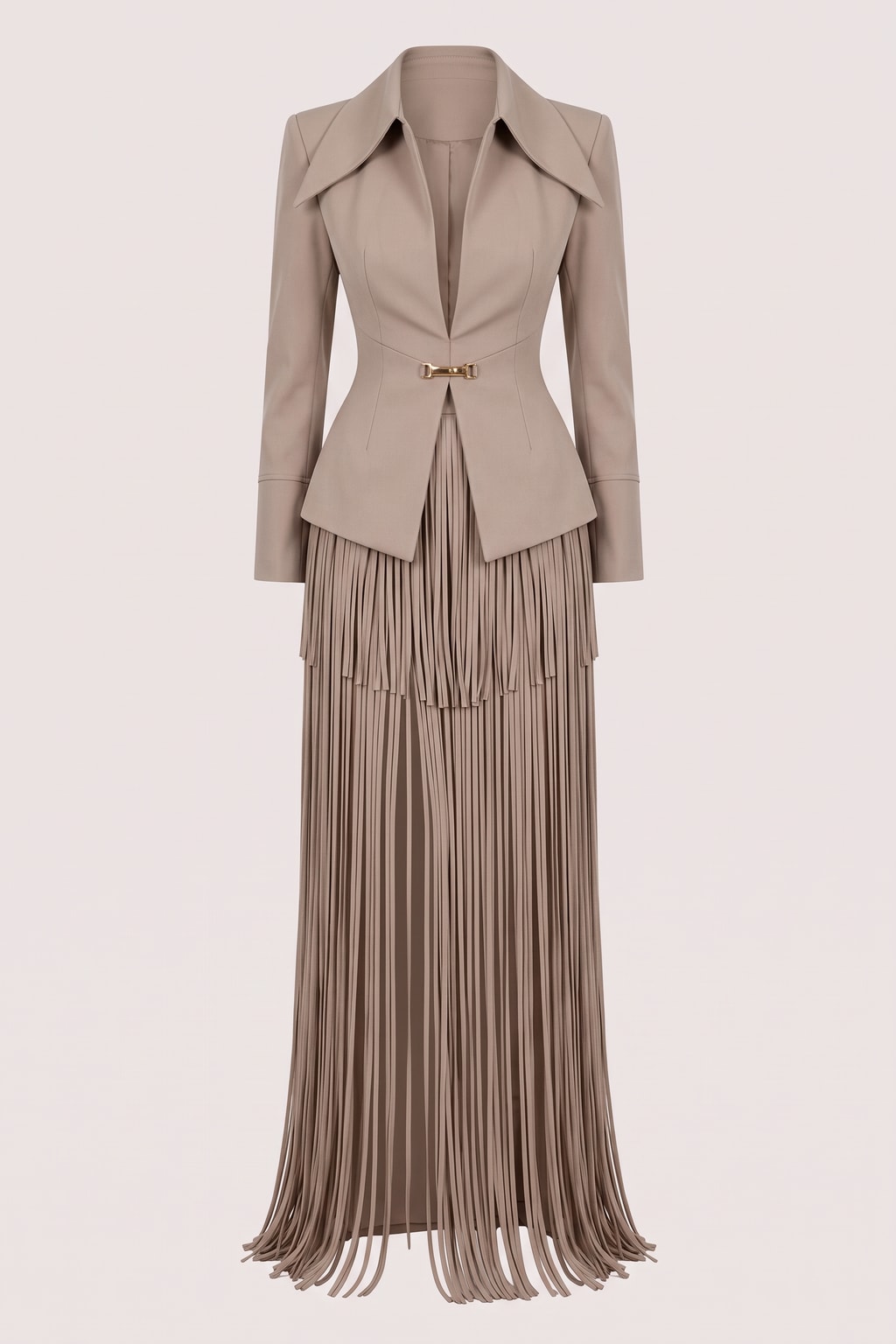 Khaki Polyester Blazer And Tassel Skirt Two-Piece Set - 1