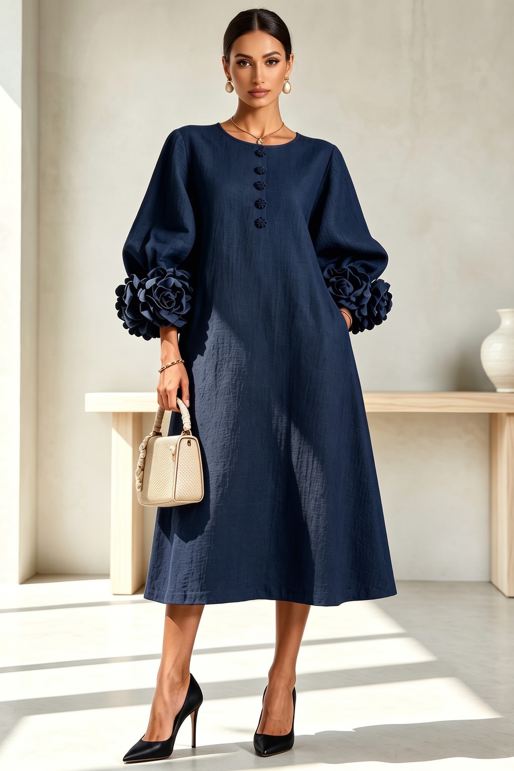 Linen Blend Midi Dress With Button-Down Front - 6