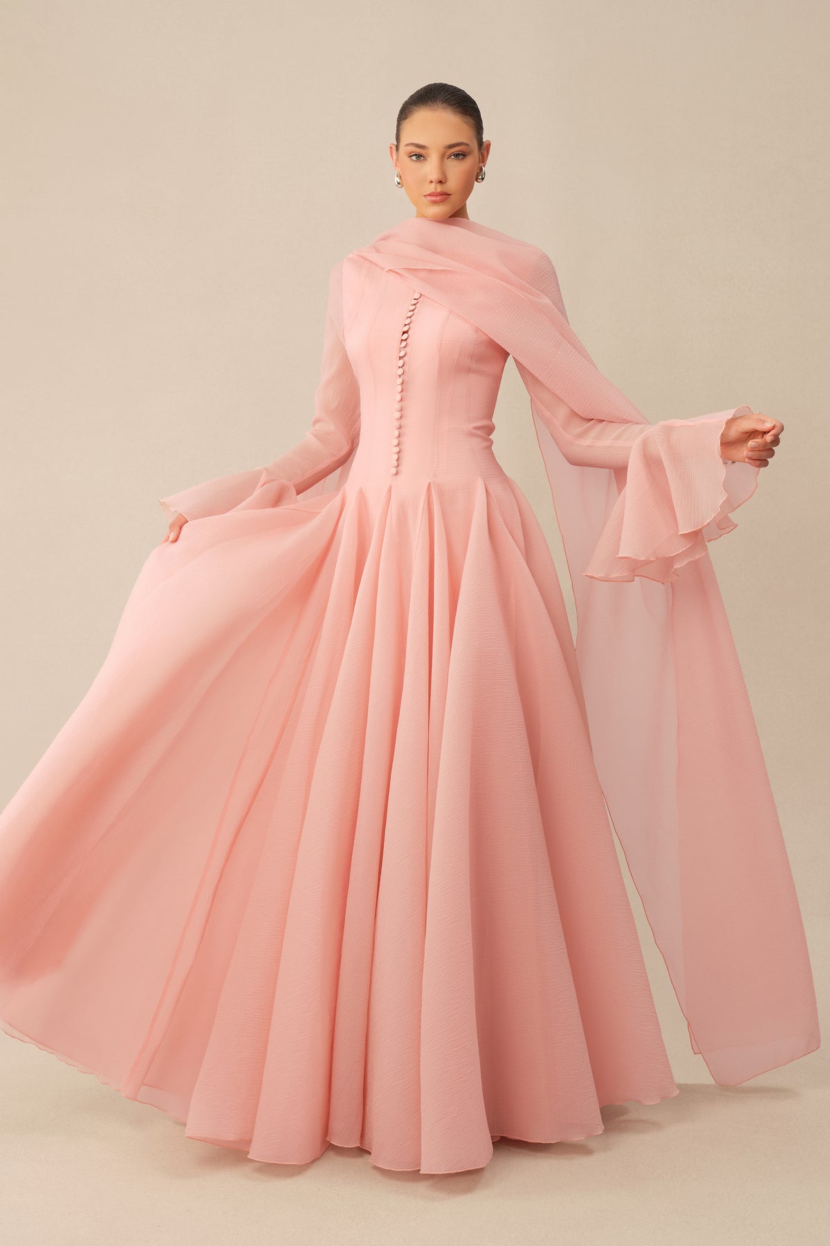 Pink Modest Maxi Dress With Matching Scarf - view 5