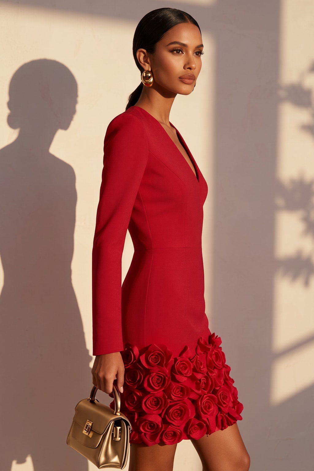 3D Floral V-Neck Long Sleeve Sheath Mini Dress - 3