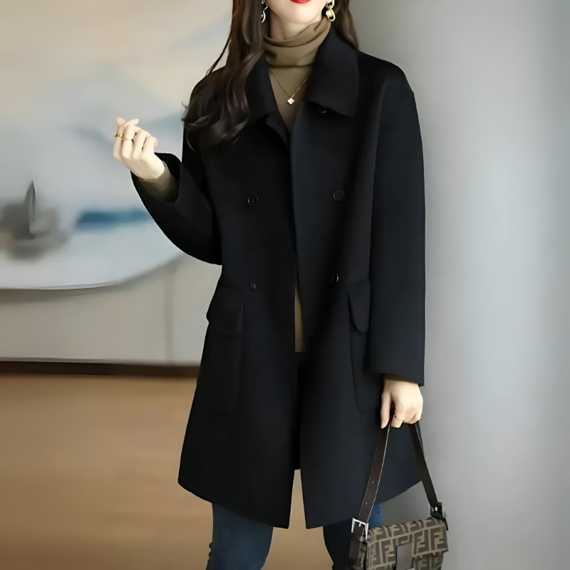 Wool blend double breasted coat with notch lapel - view 2