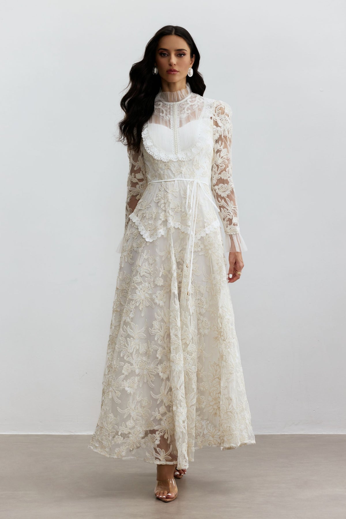 Floral Lace Mock Neck Maxi Dress with Pearls - view 2