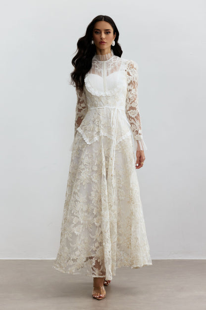 Floral Lace Mock Neck Maxi Dress with Pearls - view 2