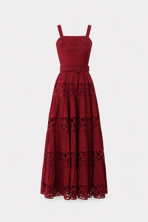 Burgundy Square Neck Lace Maxi Dress