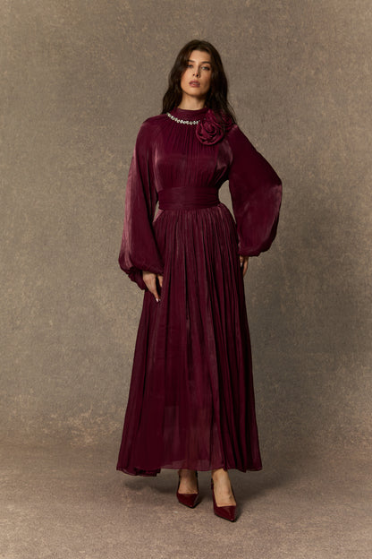 Maxi dress with pearl-trimmed collar and rosette brooches - view 2