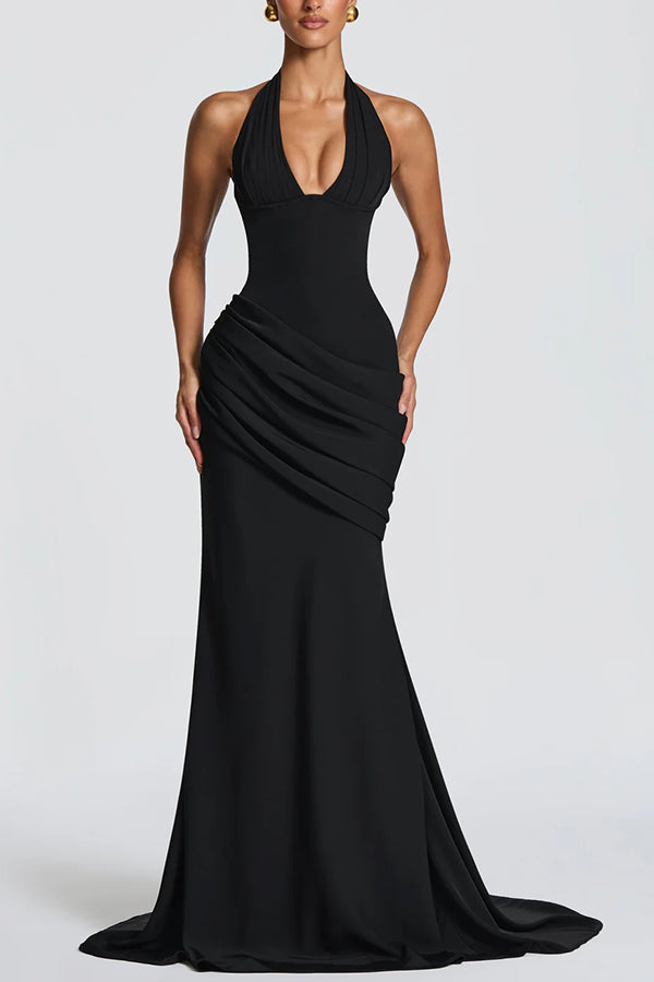 Crepe Halter Maxi Dress with Lace-Up Back - view 2