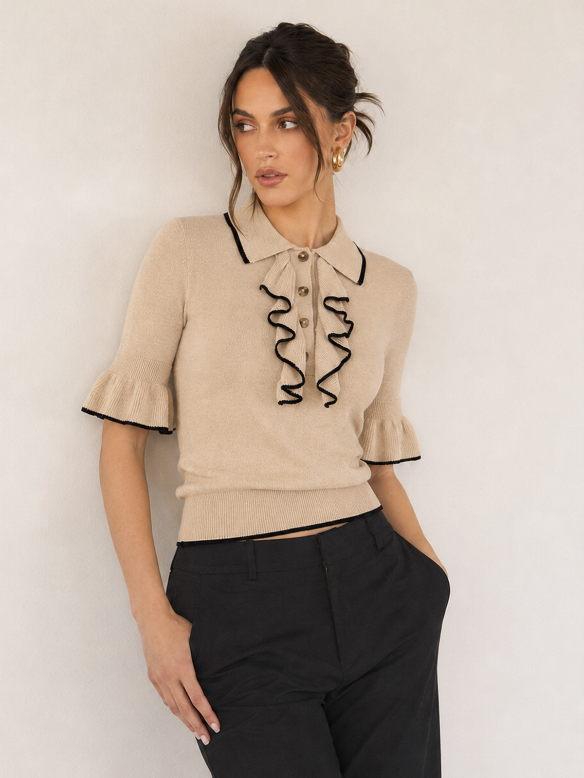 Ruffle Trim Knit Sweater Top - view 2