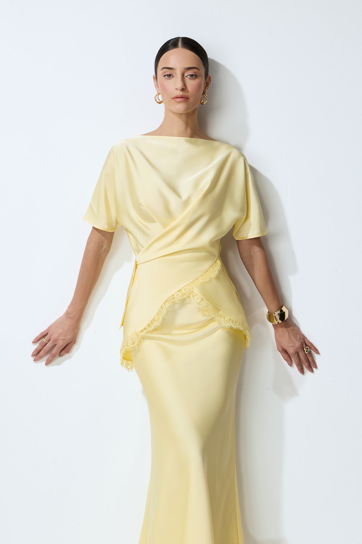 Yellow satin blouse and skirt set with lace trim - view 3