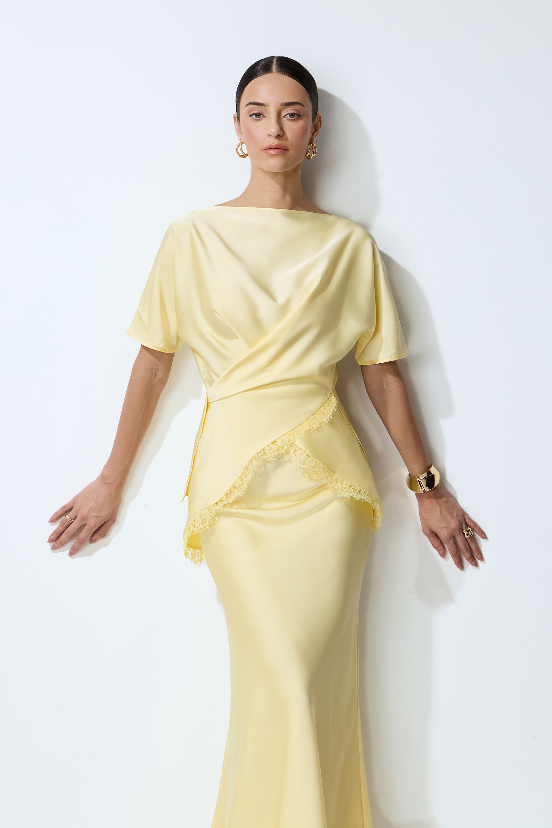 Yellow satin blouse and skirt set with lace trim - view 3