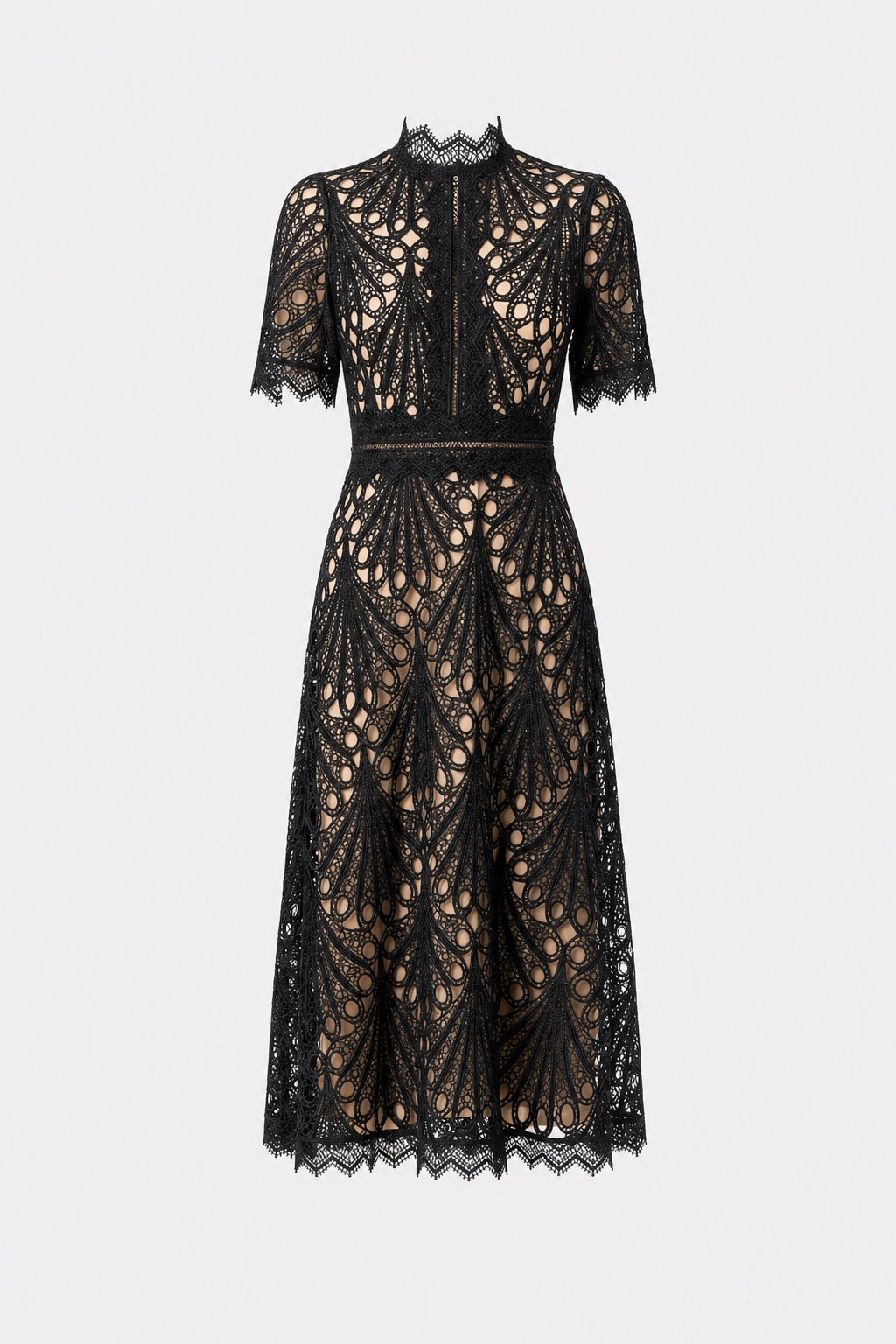 Lace Midi Dress With Scalloped High Neck - 1