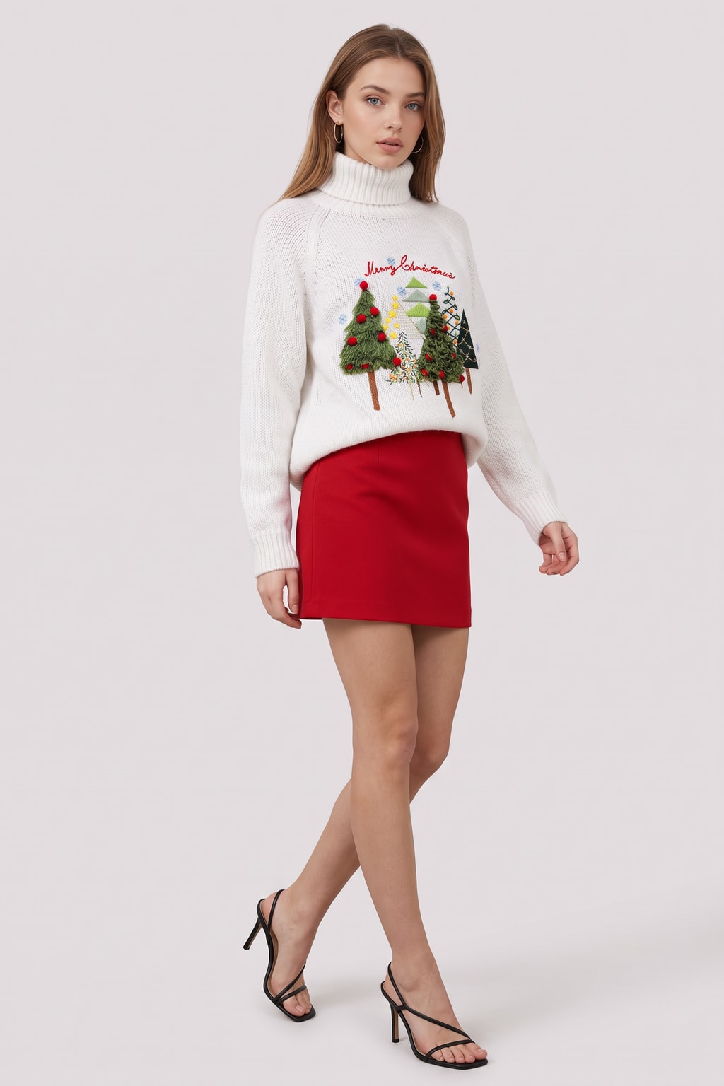 White Ribbed Knit Sweater With Embroidered Christmas Tree - 5