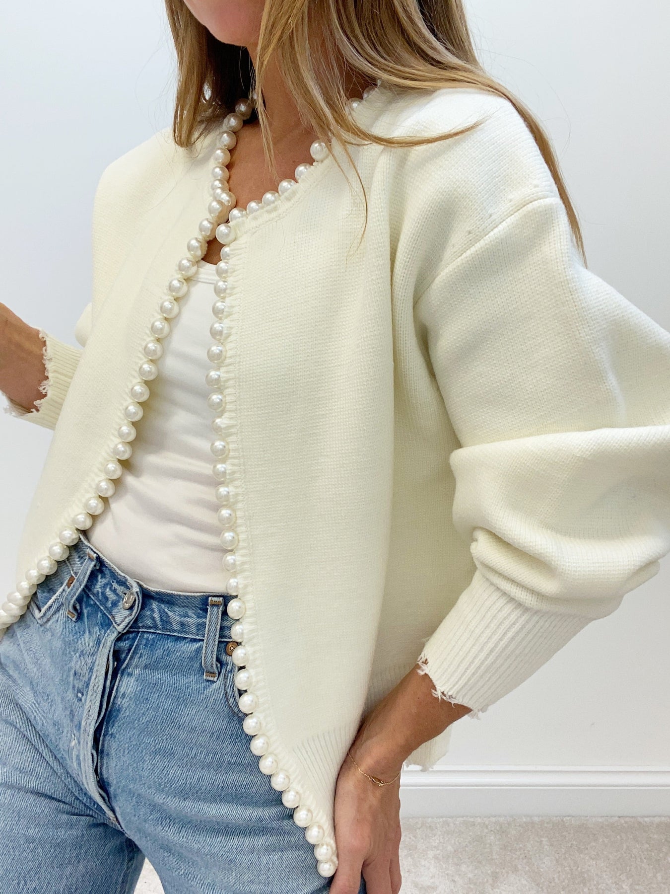 White knit cardigan with pearl trim - view 3