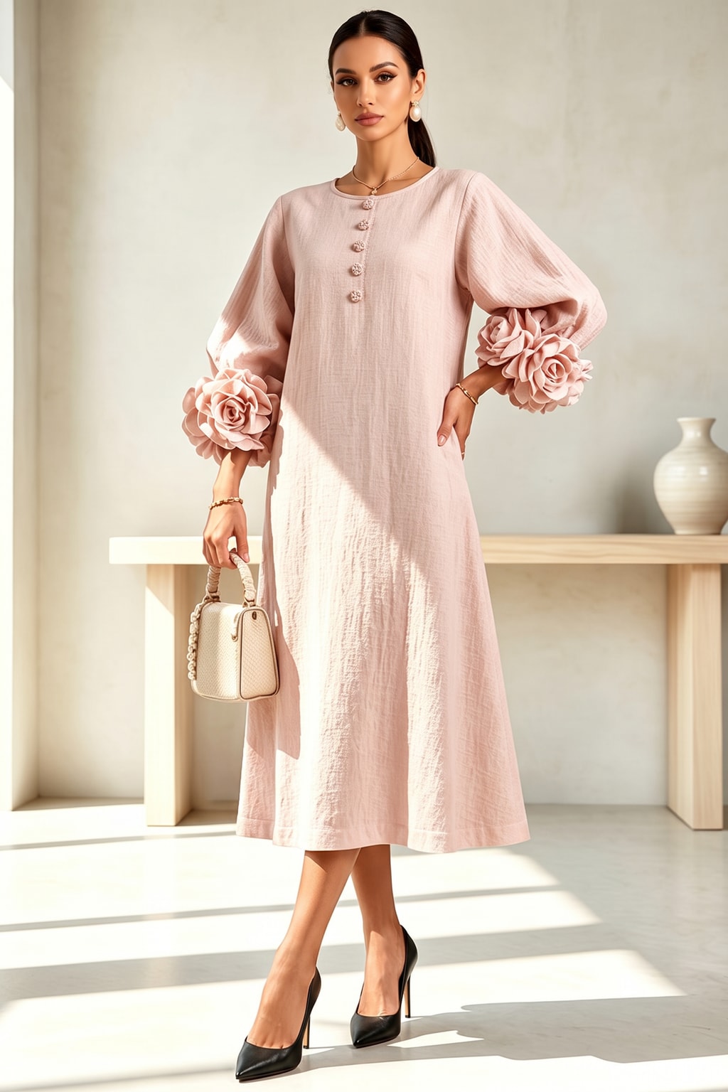 Linen Blend Midi Dress With Button-Down Front - 4