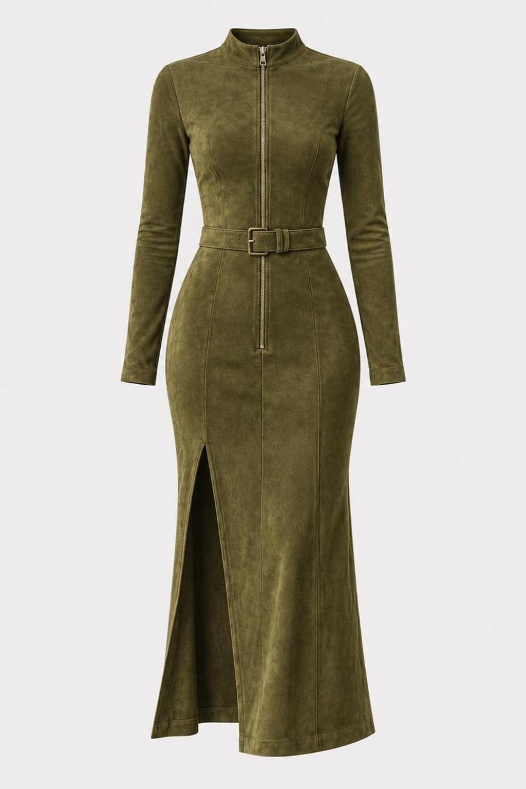 Faux Suede Maxi Dress With Belted Waist - 1