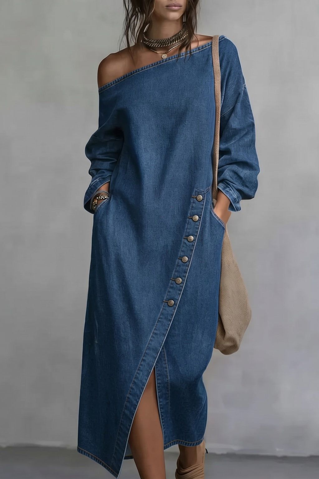 Denim Midi Dress With Off-Shoulder Neckline - 2
