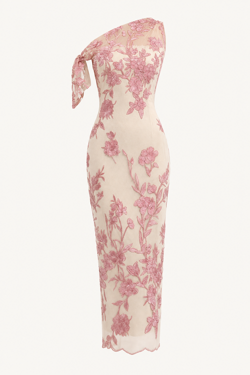 One-Shoulder Embroidered Sheath Maxi Dress