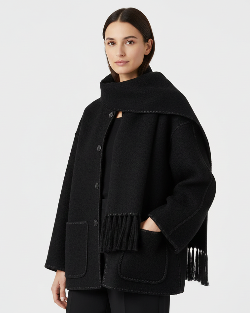 Wool-blend draped coat with attached scarf - view 2