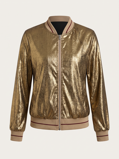 Metallic Bomber Jacket With Ribbed Collar