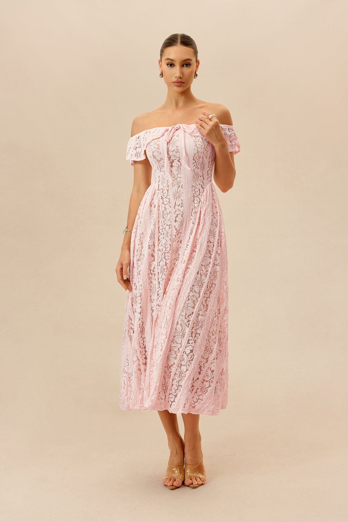 Off-Shoulder Floral Lace Midi Dress in Pink - view 2