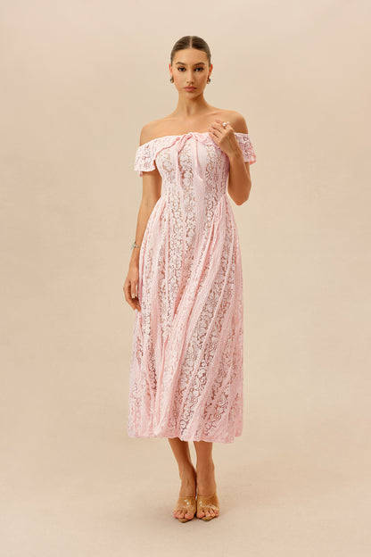 Off-Shoulder Floral Lace Midi Dress in Pink - view 2