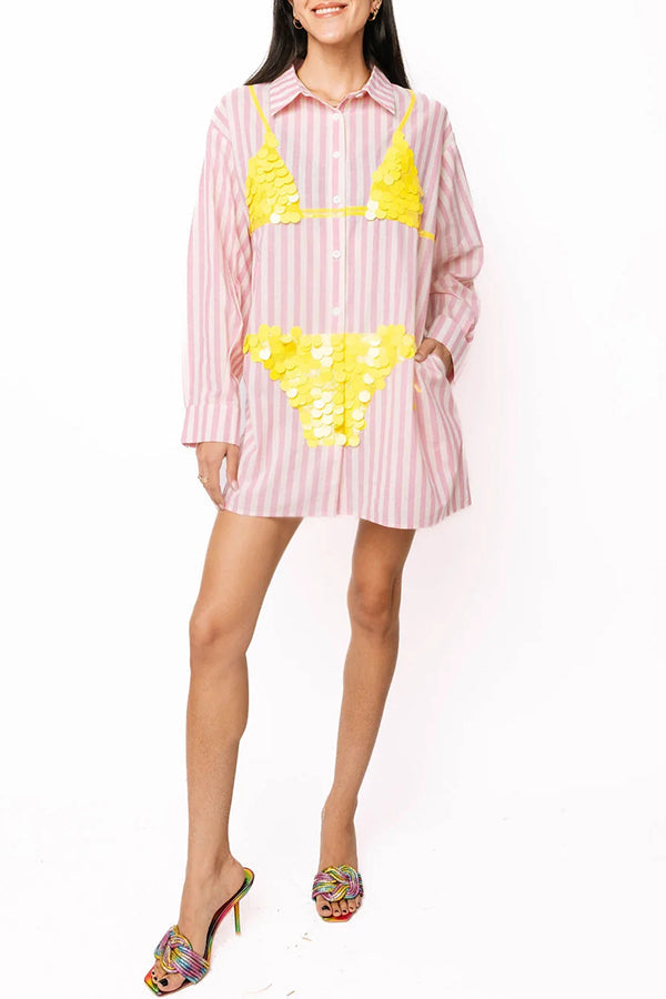 Striped Long-Sleeve Button-Up Tunic - view 4