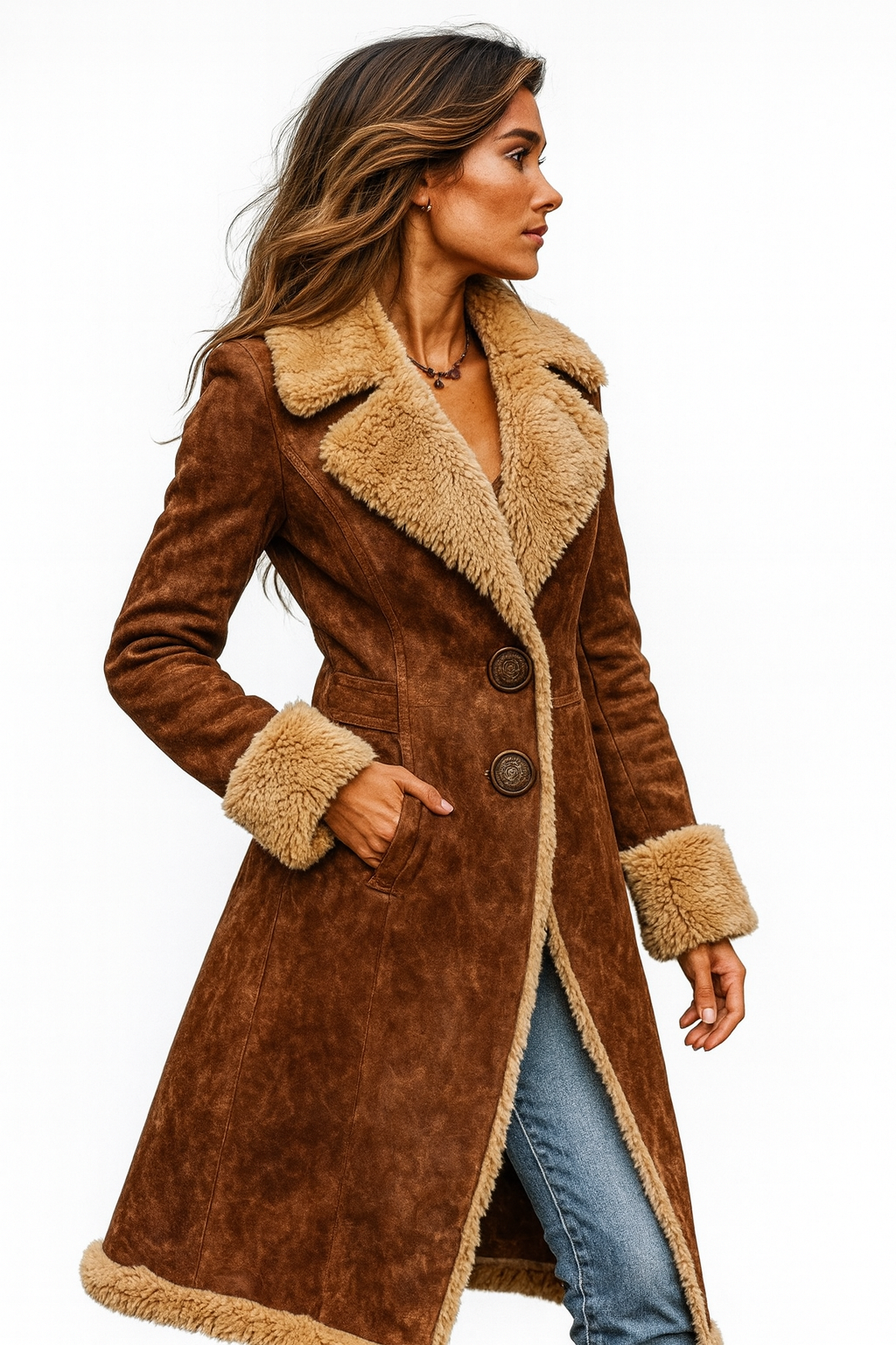 Faux Suede Long Coat with Faux Fur Lining - view 3