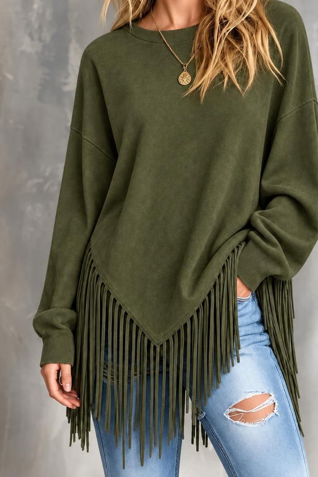 Tassel-Trim Loose Fit Pullover Hoodie - 4