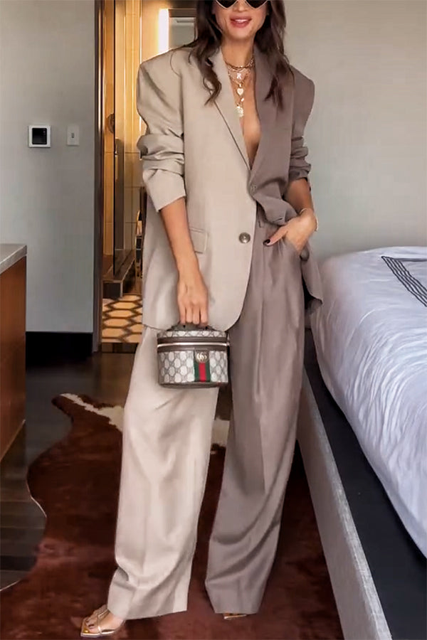 Two-Tone Lapel Blazer and Wide Leg Pants Set - view 2