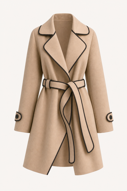 Wool blend overcoat with adjustable tie belt