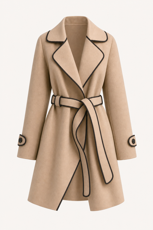 Wool blend overcoat with adjustable tie belt