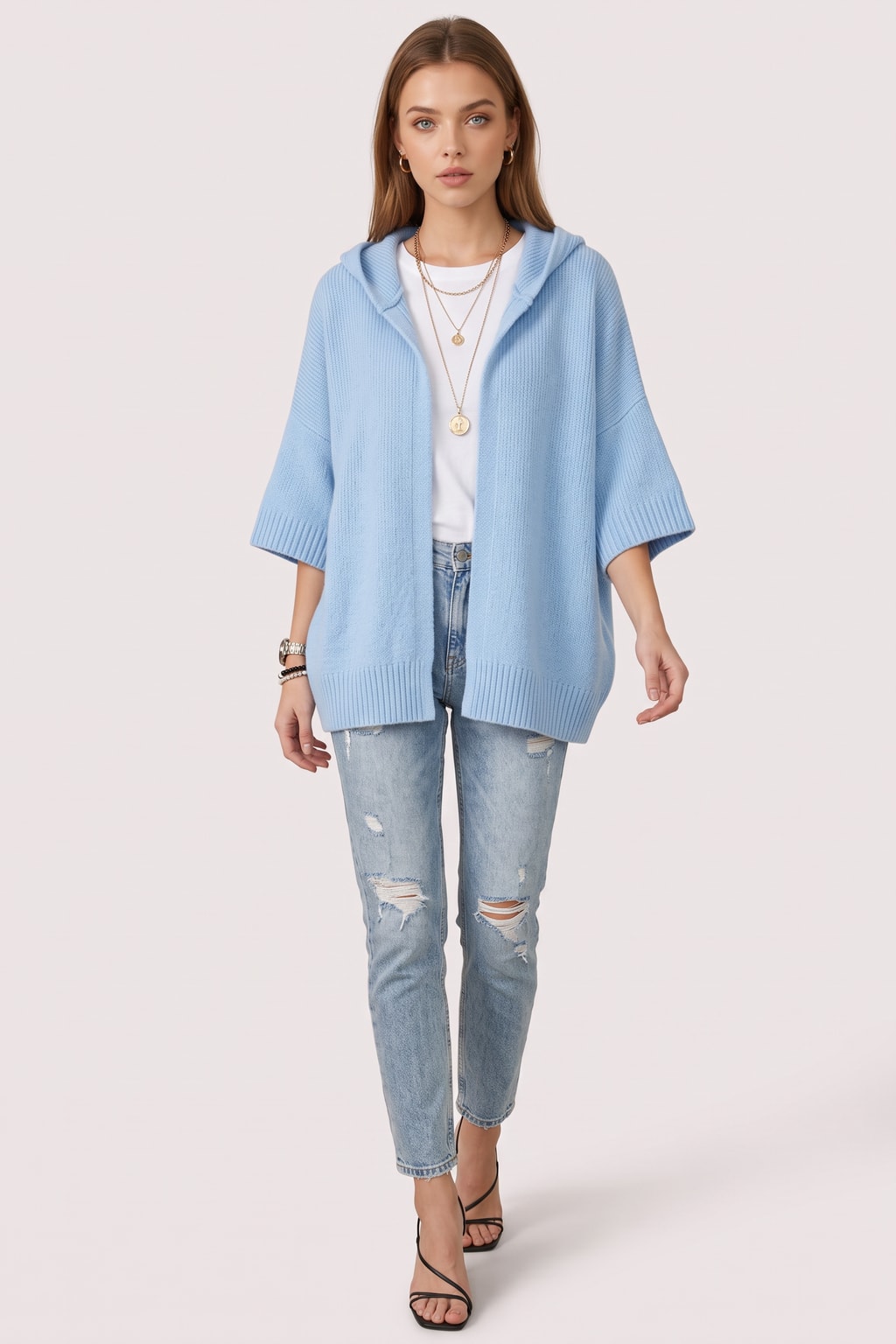 Cozy Knit Cardigan with Hooded Open Front - 4